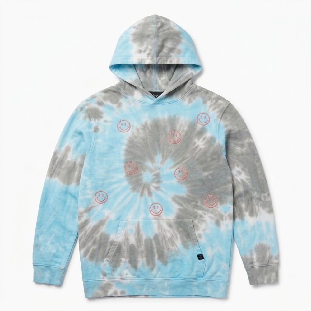 Upcycled Tie Dye Hoodie Pink Embroidered Smiley Faces Pastel Blue Womens Medium
